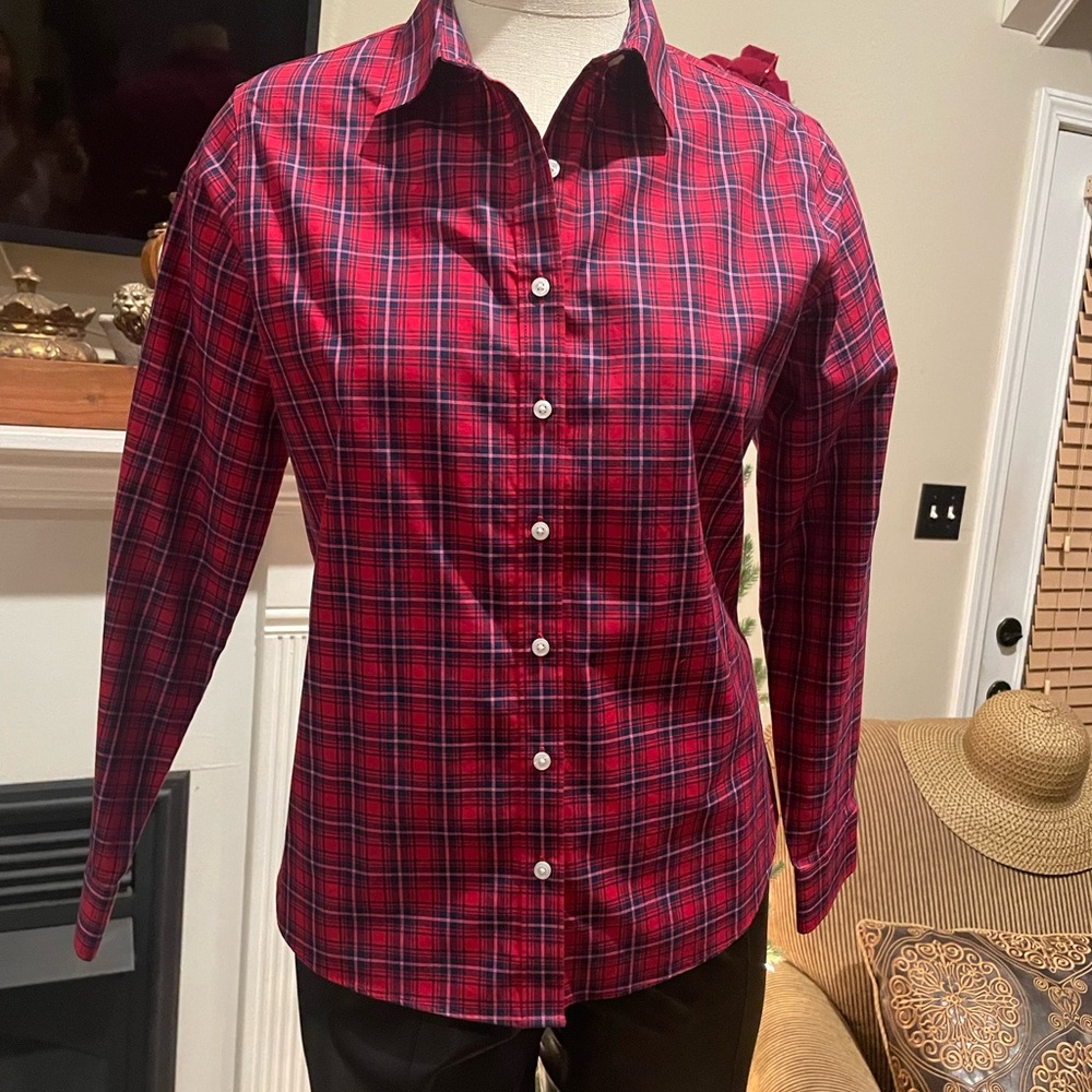 Lands' End Cotton Red and Blue Plaid Shirt